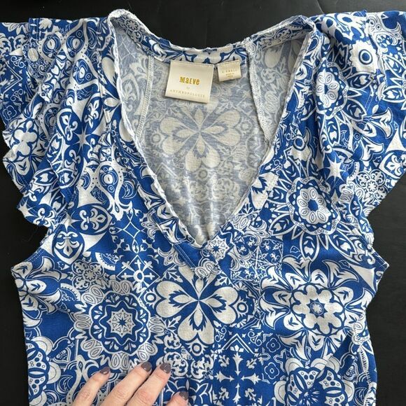 Maeve Anthropologie Sz XS Catie Ruffle-Sleeved‎ Tee Blouse Top Blue Motif Boho - Picture 7 of 14